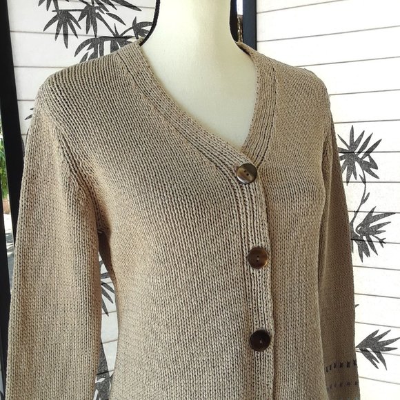 J. Jill 100% Silk Tan and Blue V Neck Knit Cardigan Sweater Size S - Picture 9 of 14
